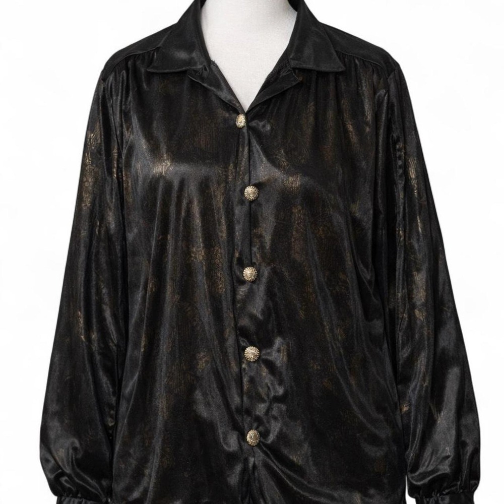Joanna Vintage Metallic‎ Button Up Blouse Black Gold Large 80s Disco Party Wear